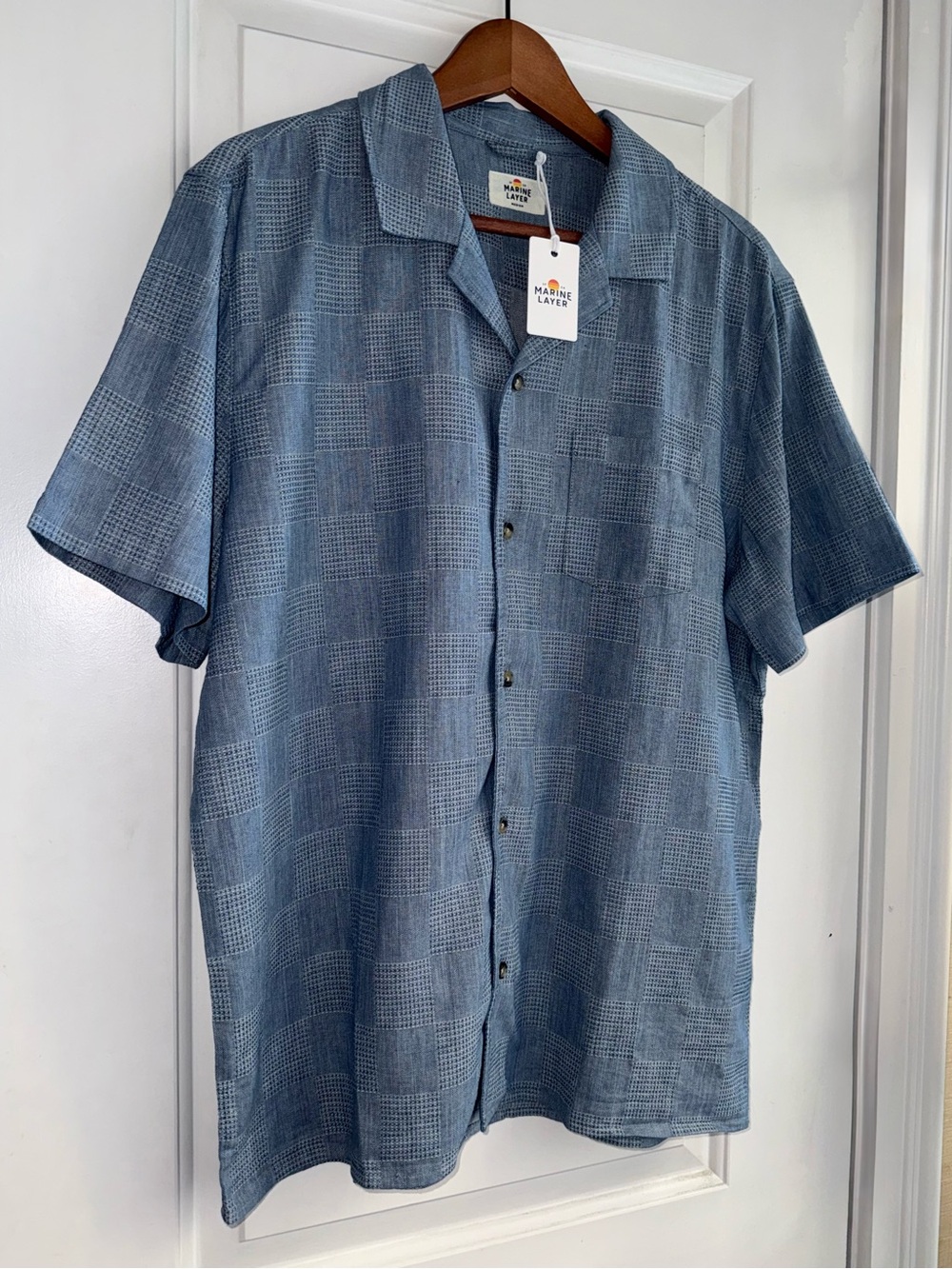 🪡Marine Layer NWT Textured Cotton/Linen Resort Shirt in “Indigo Check” - Picture 5 of 8